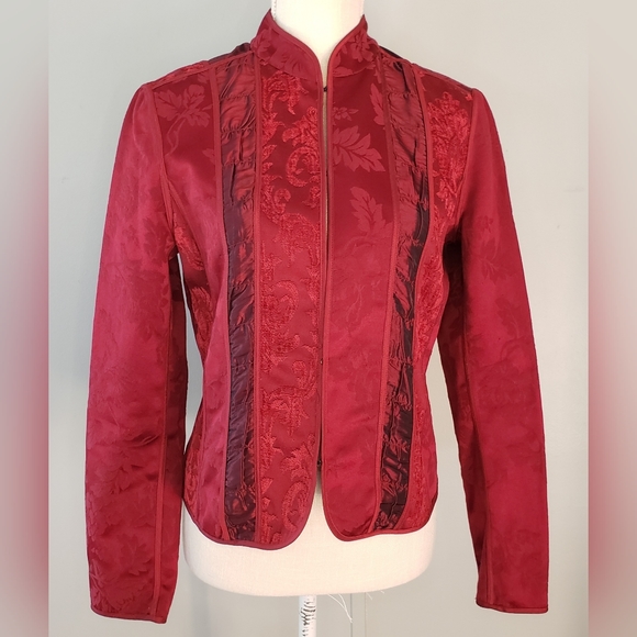 Chico's Jackets & Blazers - Chico's Red Brocade Tapestry Mandarin Collar Blazer